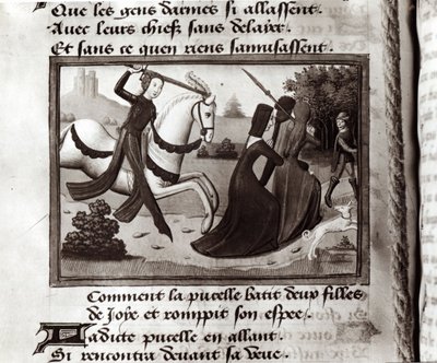 Joan of Arc Driving the Prostitutes from the Army Camp, from Vigils of Charles VII, c.1484 by Martial de Paris